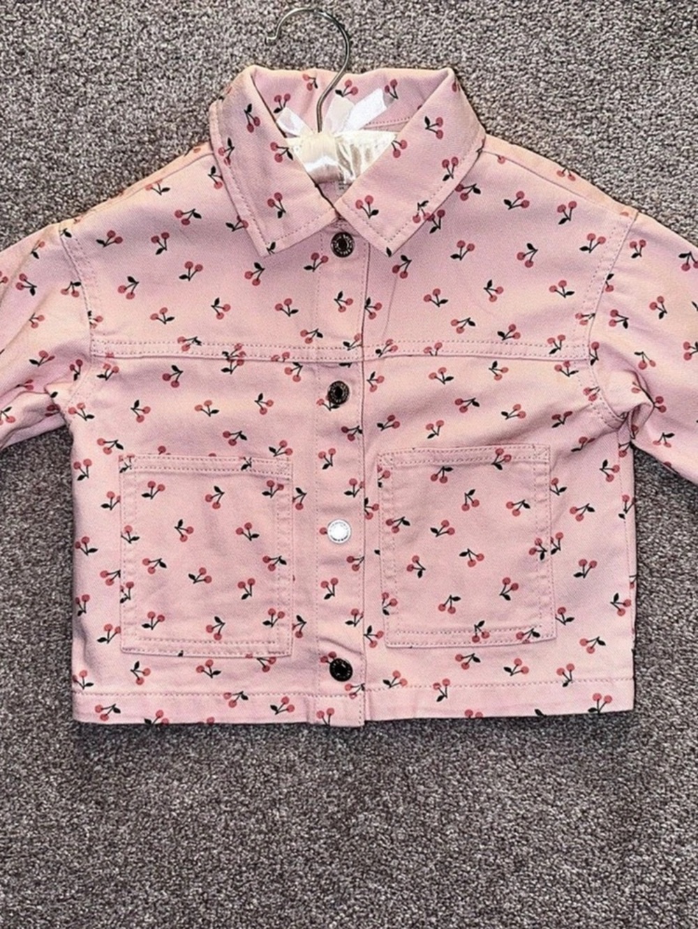H&M Embroidered-Detail Denim Jacket Girls Pink Floral 1-2Y NWT